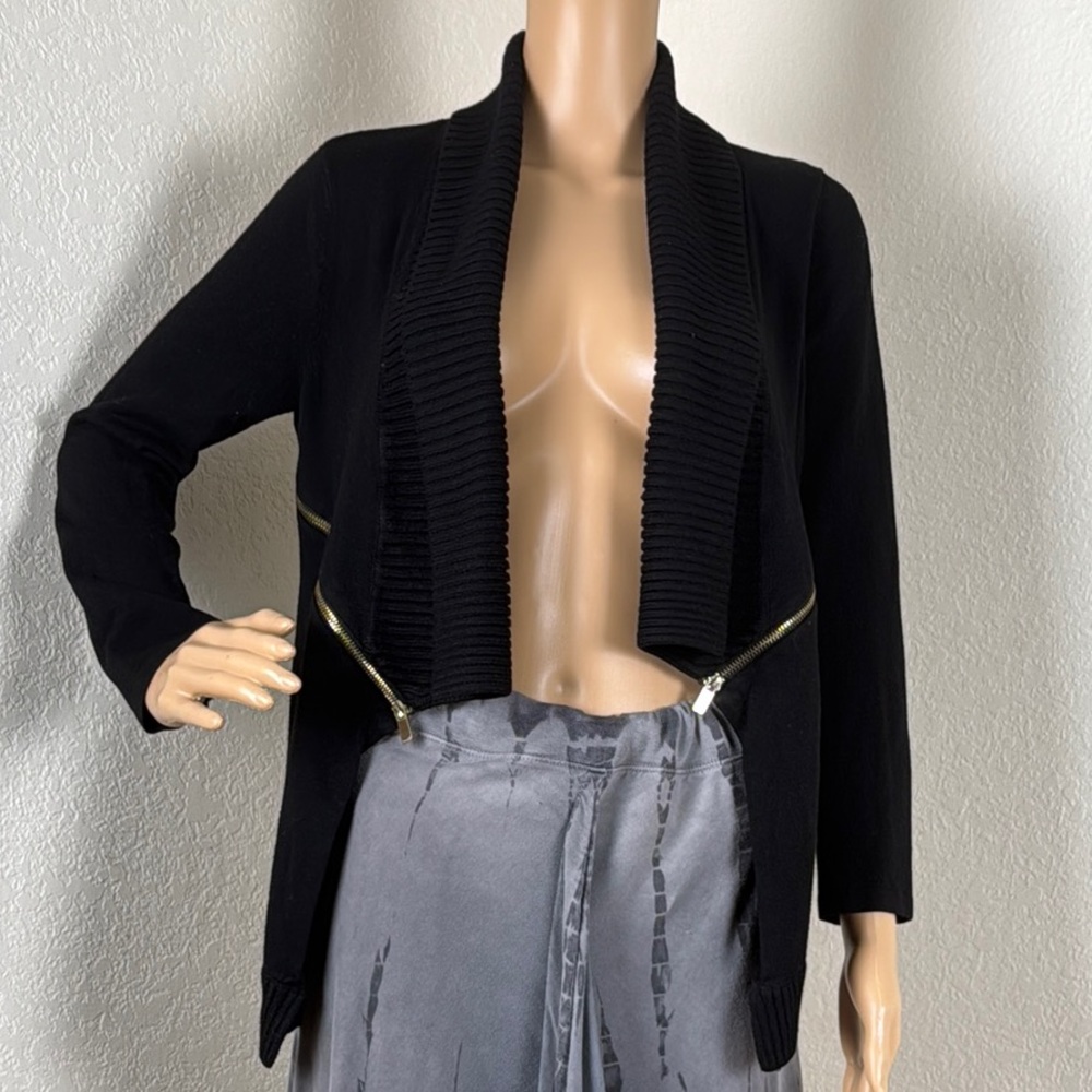 INC Black Ribbed with gold decorative zipper waterfall open front knit Cardigan